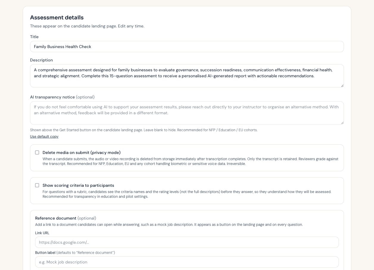 The assessment builder showing title, description, AI transparency notice and privacy settings