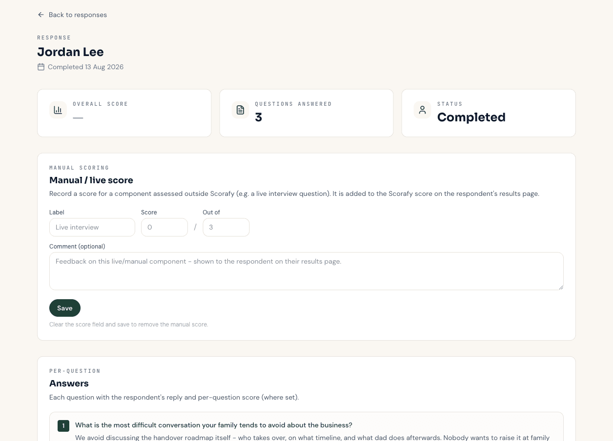 A response detail screen showing completion status, manual scoring controls and per-question answers
