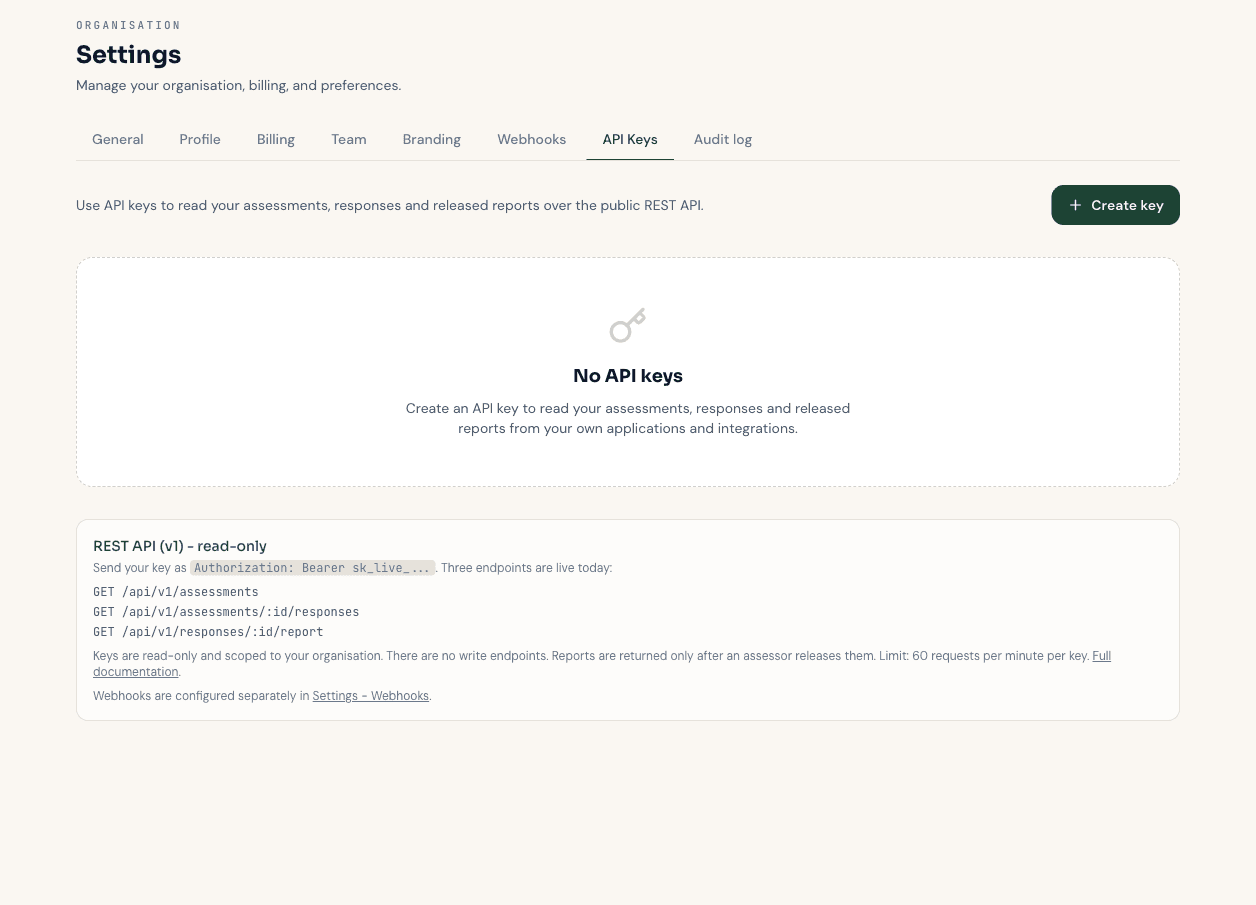 The API keys settings screen with the read-only REST API endpoints listed