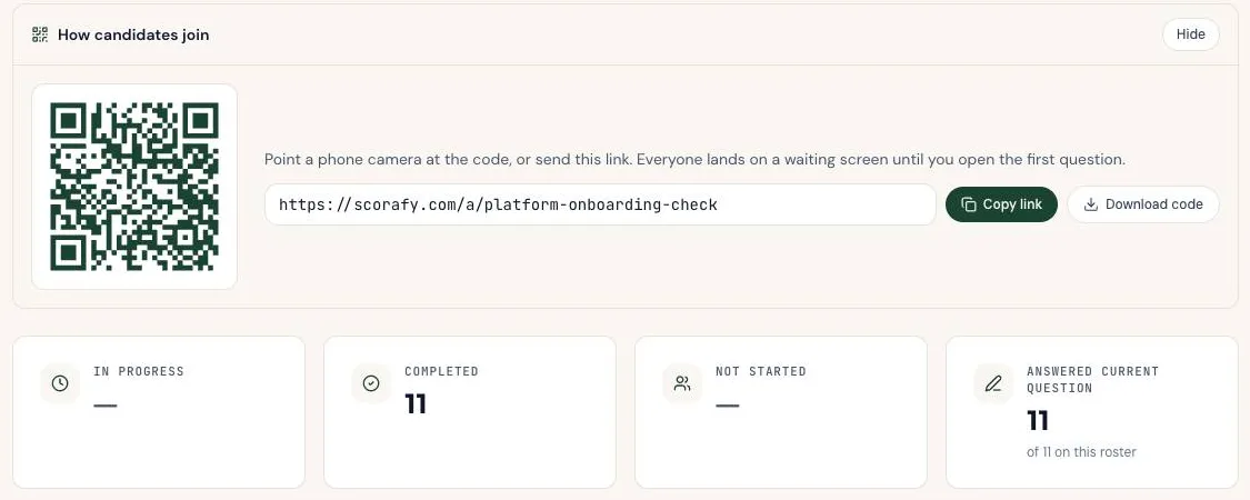 Scorafy live session screen in a demo organisation: a QR code and join link for candidates, with tiles for in progress, completed, not started and answered current question.